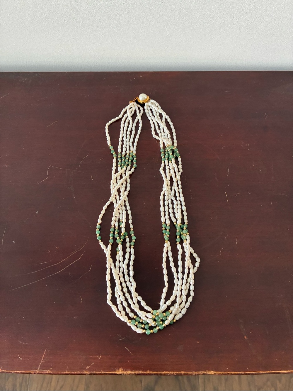 Vintage Six Strand Freshwater Pearl Necklace with Green Aventurine Beads